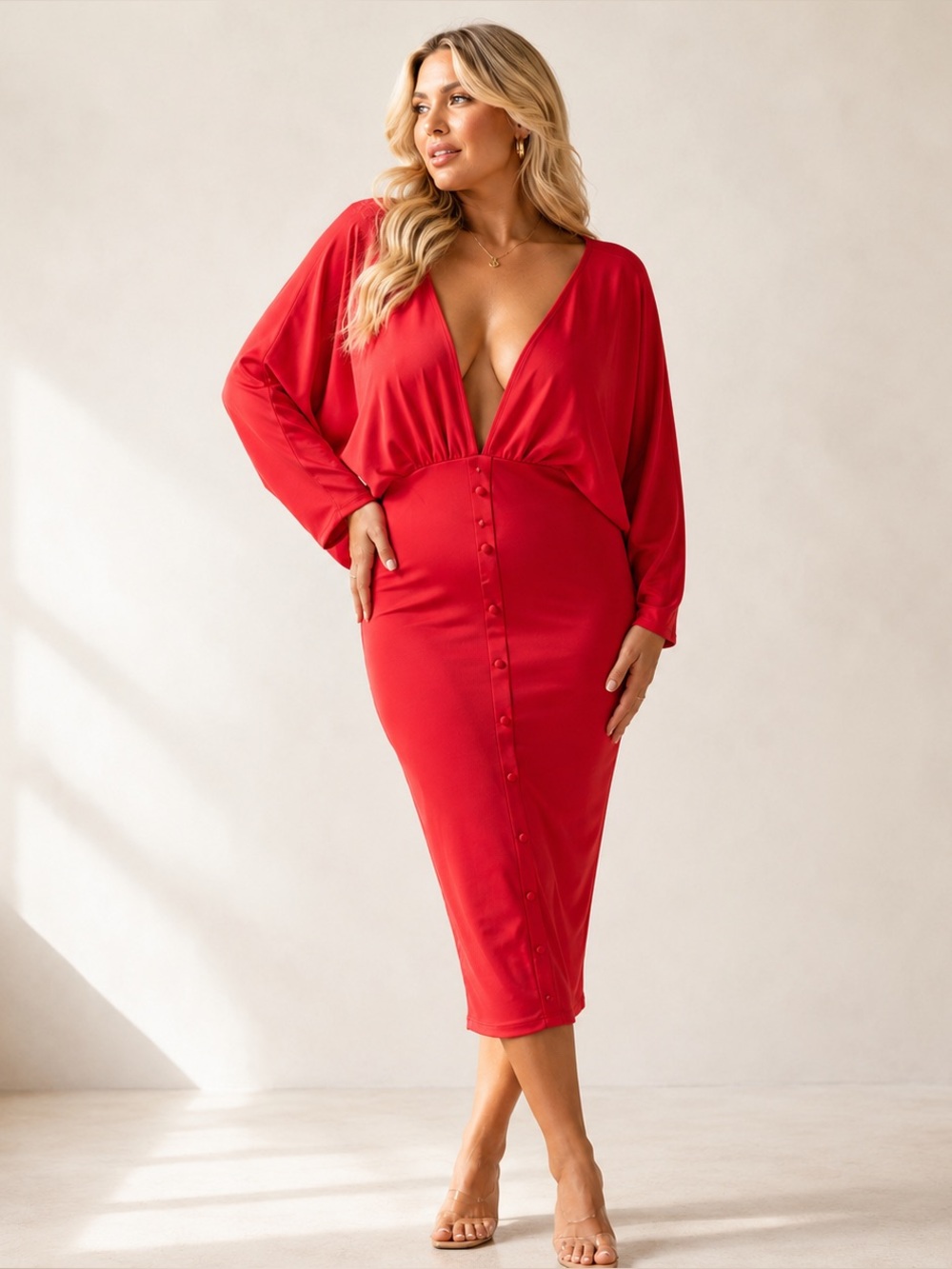 NWT Asos Curve Red Plunge Neckline Midi Dress Women’s Size 14